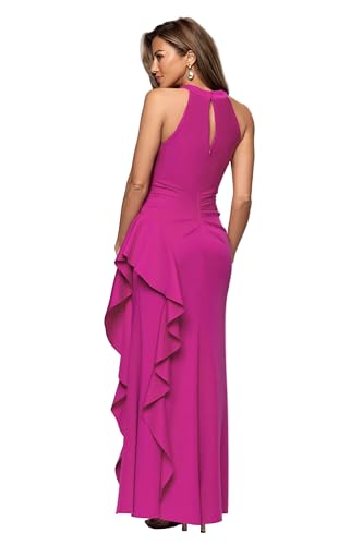 Image of Xscape Evenings Women's Long, Bodycon Low-Sheen Cross Front Halter Neck Evening Dress with Ruching & Ruffle Detail