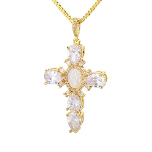 Crystal Zircon Cross Necklace For Women Choker Charm Virgin Mary Pendant Box Chain Female Jewelry Collier Femme - Gold