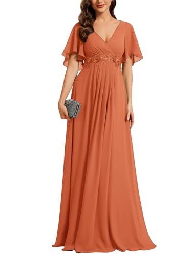 Image of Ever-Pretty Women's Chiffon V-Neck Mother of Bride Dresses A-Line Ruched Short Sleeves Appliques Bridesmaid Dress Formal Gown