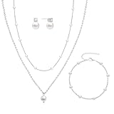 DIBOLA Silver Jewelry Set for Women Dainty Layered Silver Pearl Choker Necklaces and Earring Set Pearl Stud Earrings Bracelets Wedding Bride Jewelry