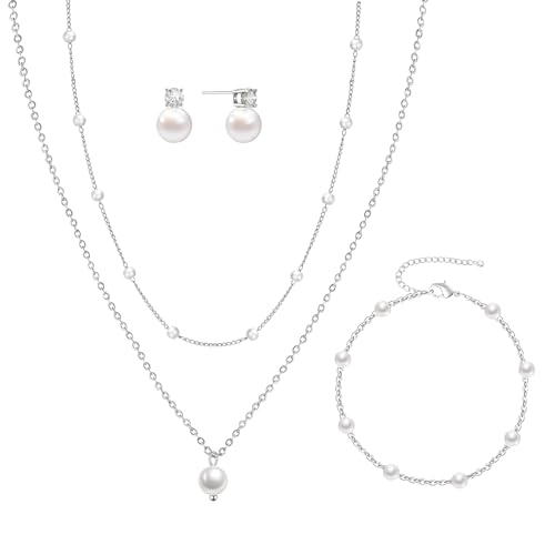 DIBOLA Silver Jewelry Set for Women Dainty Layered Silver Pearl Choker Necklaces and Earring Set Pearl Stud Earrings Bracelets Wedding Bride Jewelry