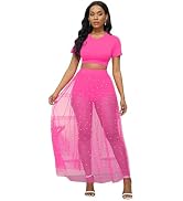 acelyn Women’s 2 Piece Outfits Summer Short Sleeve Crop Tops + Shorts + See Through Sheer Mesh Be...
