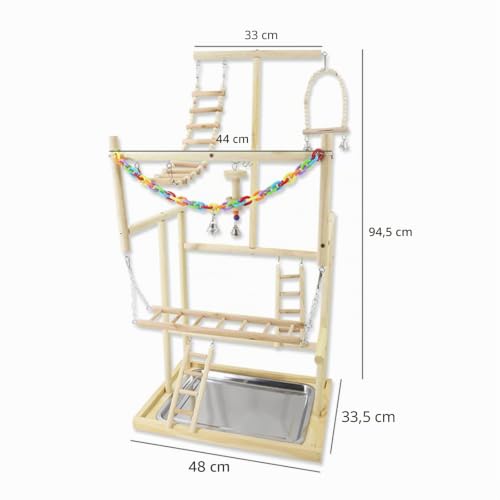 Joyeee Papageien-Spielplatz - Großer Ständer Mit Edelstahl-Futterbechern, Holzschaukel, Leiter, Glocken, Bunte Kunststoffkette für Haustiere, Vogelspiele, 48 x 33 x 94,5 cm, XL
