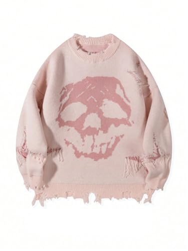 SHENHE Men's Sweater Skull Graphic Gothic Distressed Crewneck Long