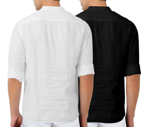 Image of Zombom Men's Combo Cotton Polyester Blend Solid Full Sleeve Straight Regular Fit Mandarin /Chinese Collor Kurta (Pack of 2)