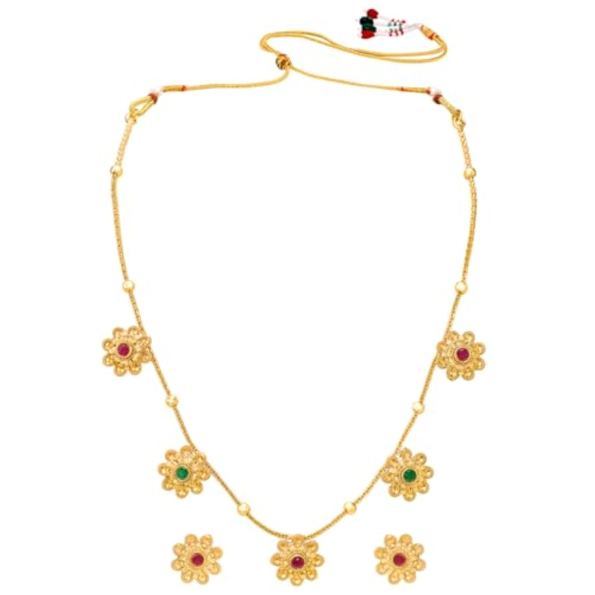 Ethnic Gold Plated Floral Pendant Necklace Earrings Set, Traditional Style