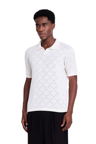 Image of SNITCH Men Knitted Polo T-Shirt | Geometric Pointelle Textured Knit & V-Placket Polo Collar | 100% Cotton Breathable Summer Knit, Casual Resort Wear