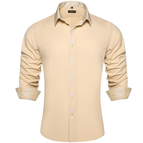 DiBanGu Men's Dress Shirt Long Sleeve Casual Button Down Shirts Regular Fit Inner Contrast Shirt for Business Party, Beige Champagne Contrast, Small : Clothing, Shoes & Jewelry