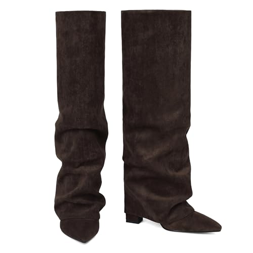 Image of SaraIris Women's Slouchy Knee High Boots - Black, Pointed Toe, Fold Over, Chunky, Shark Boots