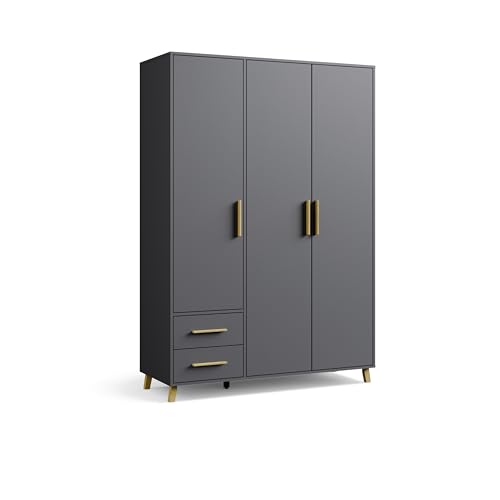 Rauch Möbel Shinjo Kleiderschrank, Garderobe, für Schlafzimmer, Kinderzimmer, Babyzimmer, 3-türig, 2 Schubladen mit Griffen und Füßen aus Massivholz, Farbe Grau metallic, Schwarz, 140x203x53cm Rauch Möbel Shinjo Kleiderschrank, Garderobe, für Schlafzimmer, Kinderzimmer, Babyzimmer, 3-türig, 2 Schubladen mit Griffen und Füßen aus Massivholz, Farbe Grau metallic, Schwarz, 140x203x53cm