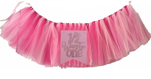 2 Pack-1/2 Way to One Pennant for Highchair Birthday Tutu Skirt Tulle for High Chair Decoration Tulle Chair Skirt Happy 1/2 Birthday Girl - Baby 6 Months Birthday Decorations (Pink)