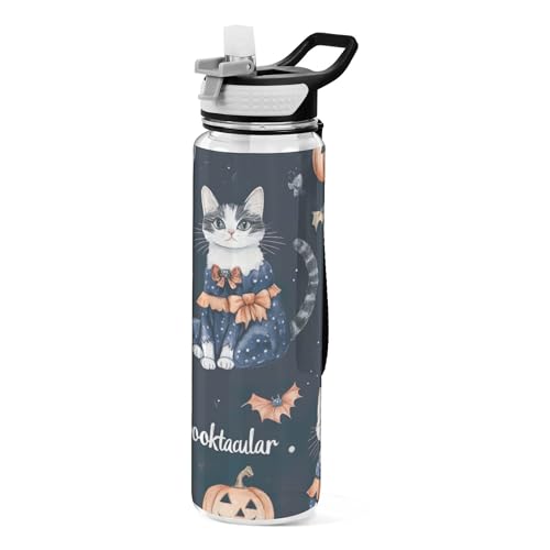 Fuauuyl Cute Cats in Halloween - Botella de agua con tapa con pajita, 907.2 g, grande, a prueba de fugas y sin BPA, botella de Tritan para deportes, gimnasio, viajes