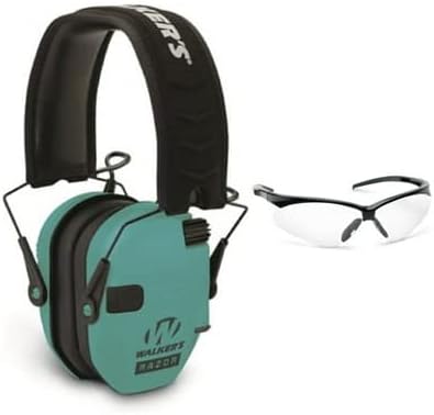 Walkers Razor Slim Electronic Shooting Range Earmuffs (Teal) Bundle with Glasses Kit (2 Items)