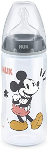 NUK Disney First Choice+ Baby Bottle | 6-18 Months | Temperature Control | Anti-colic Vent | 300 ml | BPA-Free | Silicone Teat | Mickey Mouse (Grey) | 1 Count