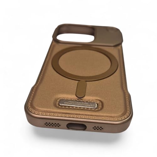 Image of Frameless Metal Case Compatible with MagSafe Luxury Aluminum Frame with PU Leather Finish Magnetic Ring with Wireless Charging Shockproof Premium Slim Case (Golden, iPhone 14 PRO MAX)