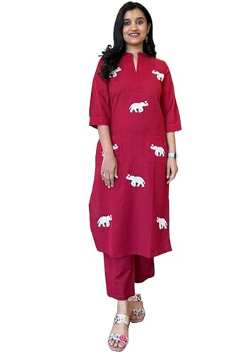 Tissu indien en coton rouge anti-déteint brodé éléphant ethnique pour femme