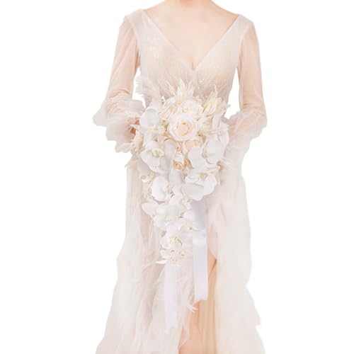 Floinla Bridal Bouquet Cascading, Nude & White Wedding Bouquets for Bride Bridesmaid 10' Artificial Flowers Bouquet for Wedding Decor