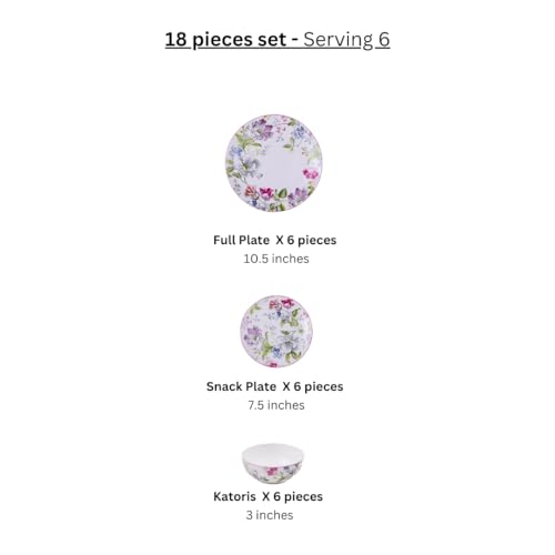 Image of GOLDEN QUEEN'S 18 Piece Dinner Set - Serving 6 | Perfect for Hosting and Daily Meals | Microwave Safe | Includes 6 Dinner Plates, 6 Small Bowls & 6 Side Plates (Garden Splendor)