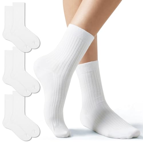 Image of Fszsaa Fun Novelty Crew Socks Solid Cotton Socks Unisex Solid Dress Socks for Women Ribbed Tube Socks, 3pack-white