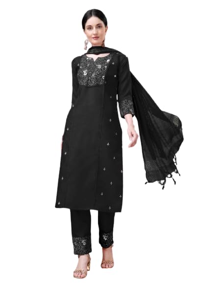 Fully Stiched Cotton Blend Kurti Pant Dupatta || Kurti set || Pakistani Suit in Black || Kurta Pant With Dupatta Set