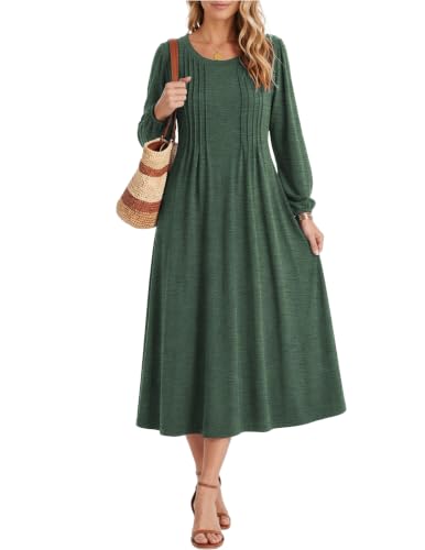 Image of Zeagoo Fall Dresses for Women Long Sleeve Midi Dress Casual A Line Dresses 2026 Pleated Flare Dress with Pockets