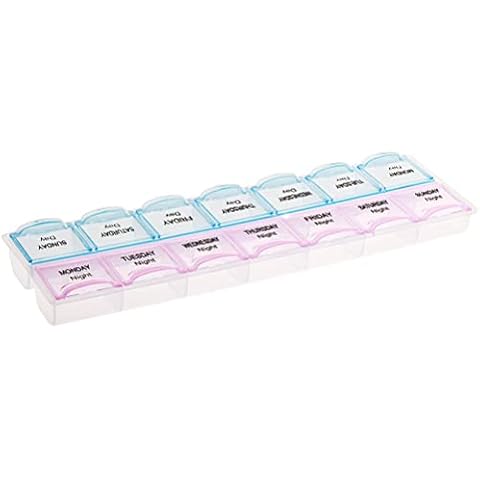 SUMAJU Pill Box Organiser, 14 Compartments Pill Box Organizer AM/PM Weekly Pills Storage Case Double Row(Blue/Pink) Cover