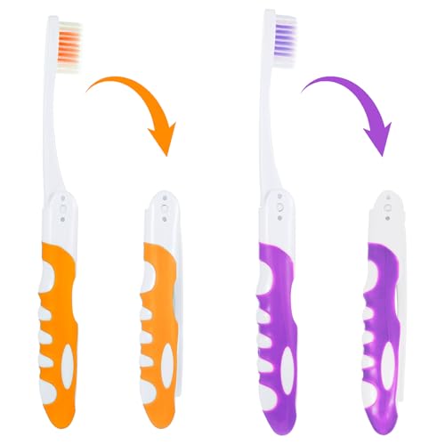 Oruola 2 cepillos de dientes de viaje plegables, cepillo de dientes de viaje para viajes, camping, viajes, para adultos y niños, cepillo de dientes de viaje portátil suave y plegable (naranja y morado