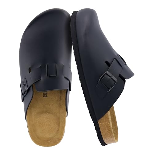 CUSHIONAIRE Hana Womens Clogs | Comfortable Vegan Suede Clogs for Women | Slip On Potato Shoes with Cork Footbed & Arch Support| BLACK 8
