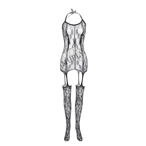 ROSVAJFY Sexy Lingerie for Women Naughty Bodystocking Fishnet Bodysuit Lace Halter Babydoll Chemise Nightwear Hollow Out Stretchy Tights Mini Dress with Suspenders Grarters Red Black (Black) - Image 5