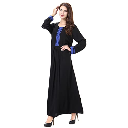 Traditional Muslim Women Abaya Dress 3D Fower Blooming Long Sleeve Maxi Length Cardigan Robe with Sashes Saudi Arab Dubai (M, Black Blue)