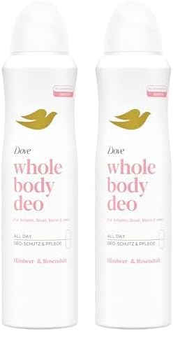 Dove Whole Body Deo Himbeer- & Rosenduft Deospray mit 0% Aluminiumsalze für Achseln, Brust, Beine und mehr 150 ml (Packung mit 2)