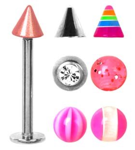 Pink Titanium Spike & 6 Changeable Balls Glitter, Silver Spike, cz gem, 2 Stripe, & Striped Spike Labret Monroe Lip Tragus Piercing bar Ring 16g, 5/16" (8mm) 16 Gauge