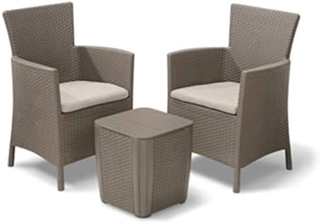 Keter Iowa Outdoor Garden Patio Balcony Set 2 Seater with Cushions Included and Side Storage Table, Resin with Flat Rattan Finish, Cappuccino Colour Keter Iowa Outdoor Garden Patio Balcony Set 2 Seater with Cushions Included and Side Storage Table, Resin with Flat Rattan Finish, Cappuccino Colour