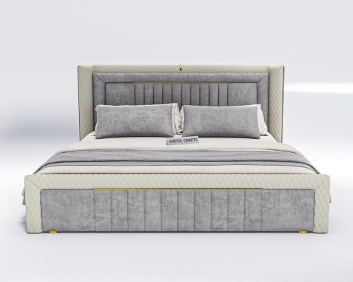 Image of Modern Upholstered King Size Bed with Box Storage for Bedroom | Wooden Double Bed with Storage | Platform Cot Bed with Upholstery Premium Fabric | 6.5 x 6 Ft | Sheesham Wood, Battleship Gray