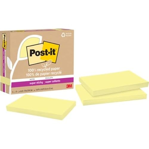3M MMM655R12SSCY 3 x 5 in. Post-it Recycled Super Sticky Notes, Pack of 12