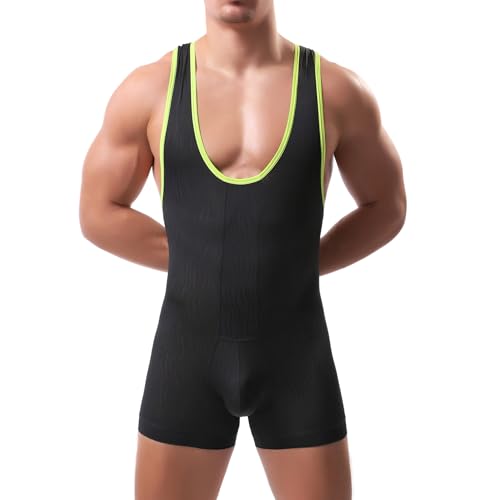 Men's Deep U Neckline Fitness Bodysuit Jumpsuit Soft Tank Top Shorts One-Piece Leotard
