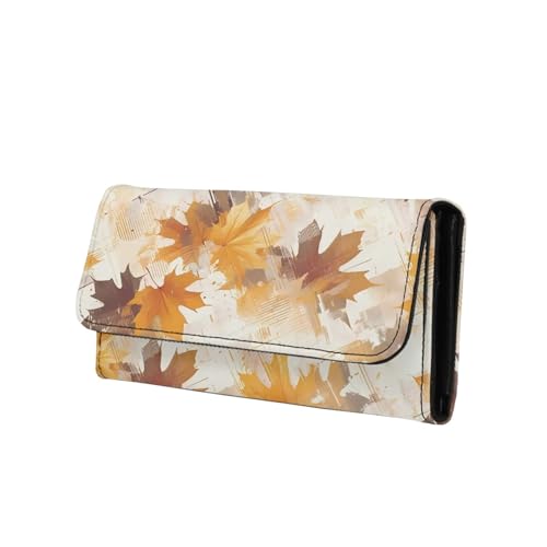 Brown Maple Leaves Women Wallet Slim Long Trifold Clutch Wallets, Modern Art Painting Leaf PU Leathers Checkbook Purse, Beige Credit Card Holder with Zipper Pocket