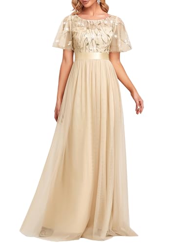 Ever-Pretty A-línea Cuello Redondo Vestido de Noche Encaje Manga Corta Largo para Mujer Dorado 52
