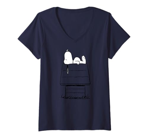Damen Peanuts – Snoopy auf Hundehütte T-Shirt mit V-Ausschnitt