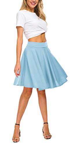 Image of EXCHIC Women's Casual Stretchy Flared Mini Skater Skirt Basic A-Line Pleated Midi Skirt