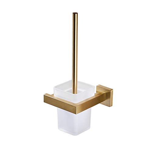 Toilet Brush with Holder Wall Mounted Stainless Steel Holder Glass Canister with Toilet Brush Luxury Toilet Brush Holder Set for Bathroom, Brushed Gold GT21109BG