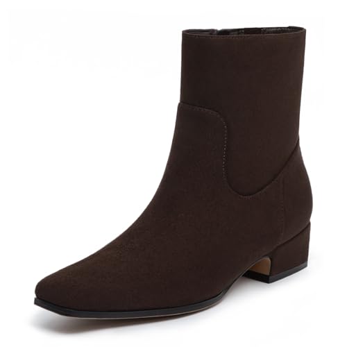 Athlefit Women's Brown Chunky Low Heel Ankle Boots Fashion Suede Square Toe Side Zipper Short Booties Size 9