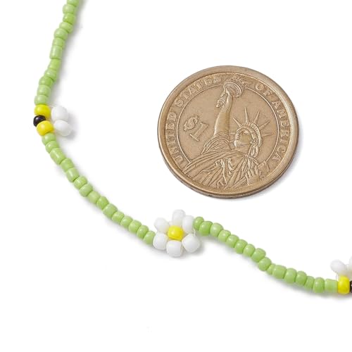 1Pc Glass Seed Bead Beaded Flower Necklaces Spring Green Flower & Bees Beaded Necklace with 304 Stainless Steel Tail Chain 16.77 inch/42.6cm Long 8.5mm/0.33 inch Extender 42mm/1.65 inch4
