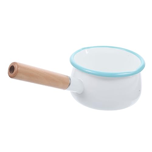 HOMSFOU Enamel Small Milk Pot Gas Stove Enamel Small Soup Pot Enamel Sauce pan Small Sauce pan Food Saucepan Milk Warmer Pot Butter Warmer Pot kitchenware Kitchen Pot mini Wood White