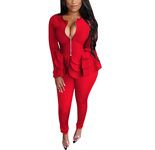 Two Piece Clubwear For Women- Long Sleeve V Neck Peplum Ruffle Raw Hem Pullover Tops Bodycon Long Pants Sets Tracksuit 3-Red M #TOP23