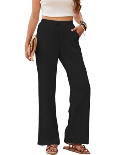 Linen Pants for Women Casual Drawstring Waist Straight Pant Wide Leg Beach Trousers with Pockets