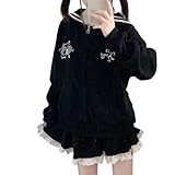 Cuteighteen Sudadera con capucha y cremallera para mujer, cuello marinero Harajuku Kawaii, ropa de otoño, linda chaqueta casual, Negro, Large
