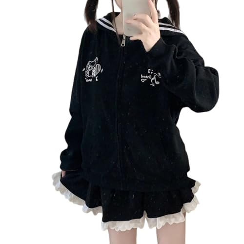 Cuteighteen Sudadera con capucha y cremallera para mujer, cuello marinero Harajuku Kawaii, ropa de otoño, linda chaqueta casual, Negro, Large