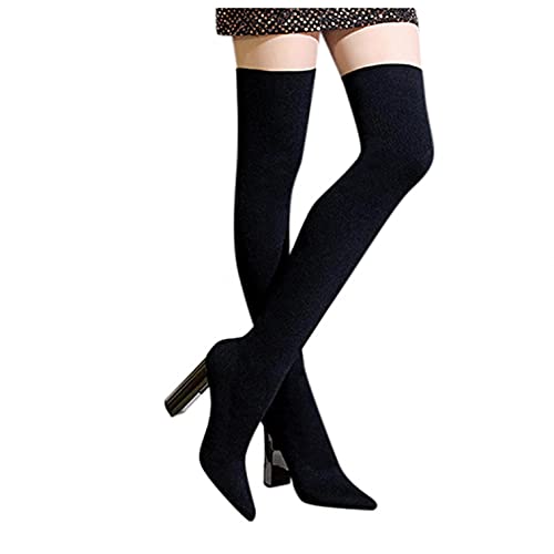 Hbeylia Dress Pump Thigh High Boots for Women Ladies Glitter Sequin Pointed Toe Chunky Block High Heels Over The Knee Length Long Boots Sexy Fitted Stretch Pull On Winter Fall Dressy Tall Boots
