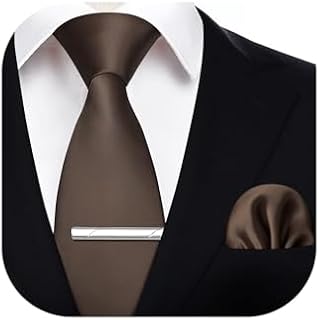 HISDERN Solid Color Tie and Pocket Square with Tie Clips Men's Wedding Party Necktie Handkerchief Set